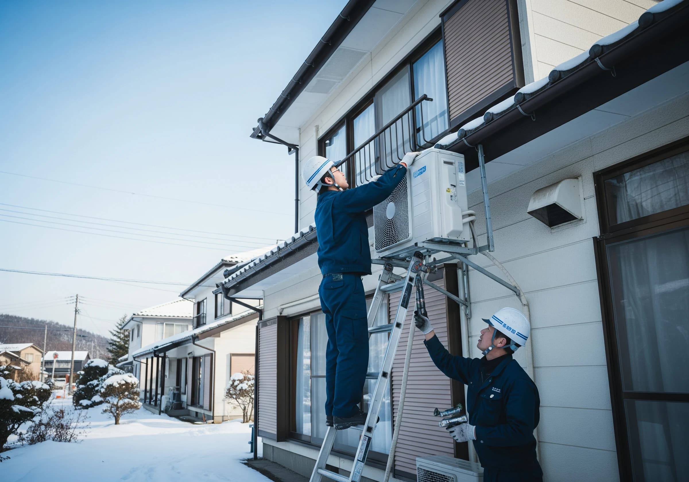 北海道の戸建て外壁での室外機据付の様子