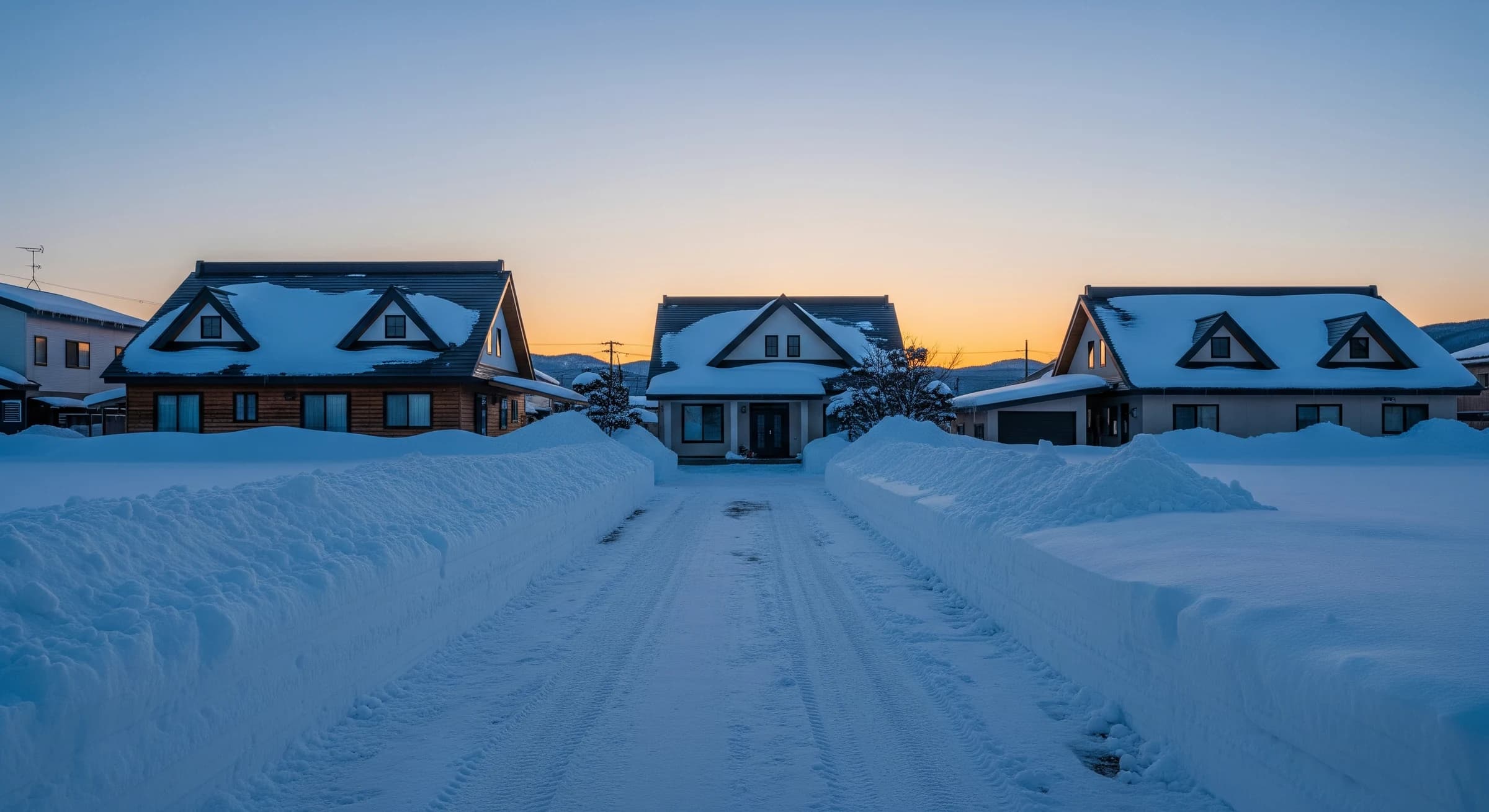 札幌の住宅街、除雪された朝の通り